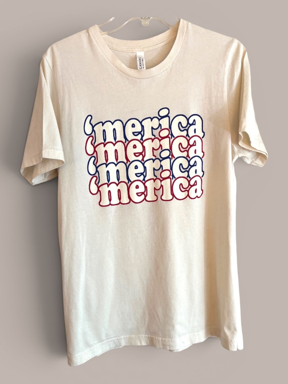 Bella + Canvas 'Merica Stacked Patriotic Graphic Tee Shirt Cream Size M